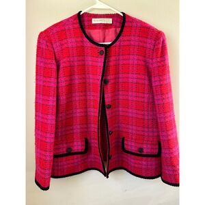 90s Elisabeth Liz Claiborne Pink Red Plaid Tweed Blazer Jacket Women's Size 14